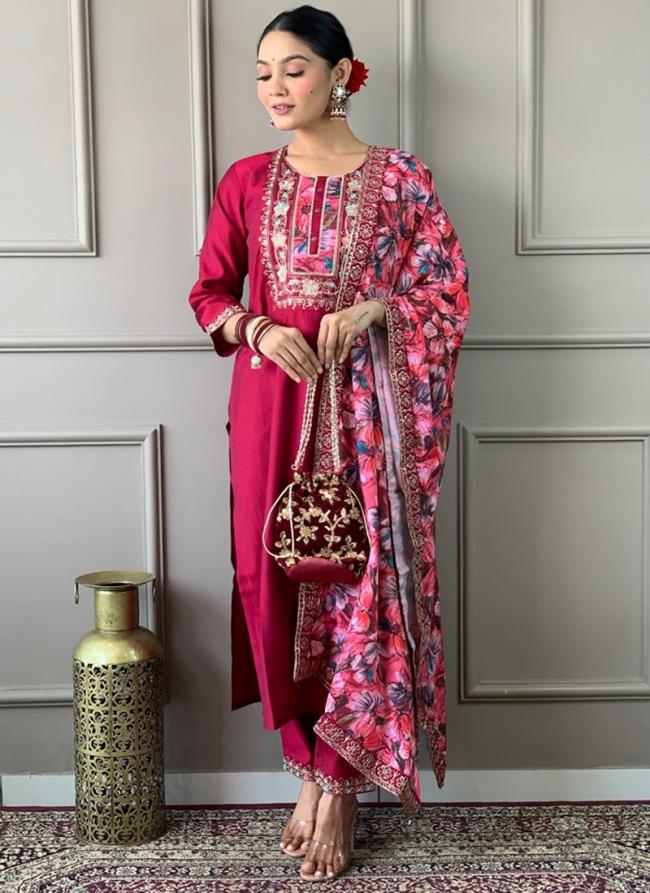 Viscose Chanderi Rose Pink Traditional Wear Embroidery Work Readymade Straight Suit